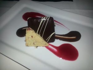 Dark Chocolate Mousse with Flourless Chocolate Cake, Shortbread with Cranberry and Cranberry and Chocolate Sauce