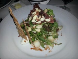 Mus Greens with Pears, Almonds, Almond Cracker, Bal Vineg and Goat Cheese